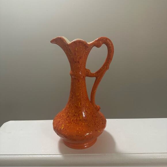 Vintage 1974 Handmade Ceramic Vase w/Handle Orange w/Yellow Red Specks 12” tall - Picture 5 of 9